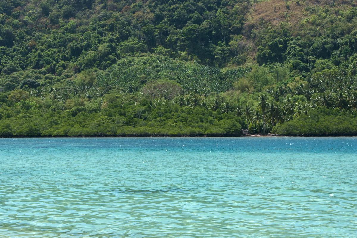 Limestone islands and clear water along the coast of El Nido, Palawan.